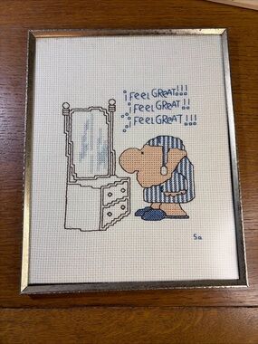 Vintage Ziggy I Feel Great! Completed Cross Stitch